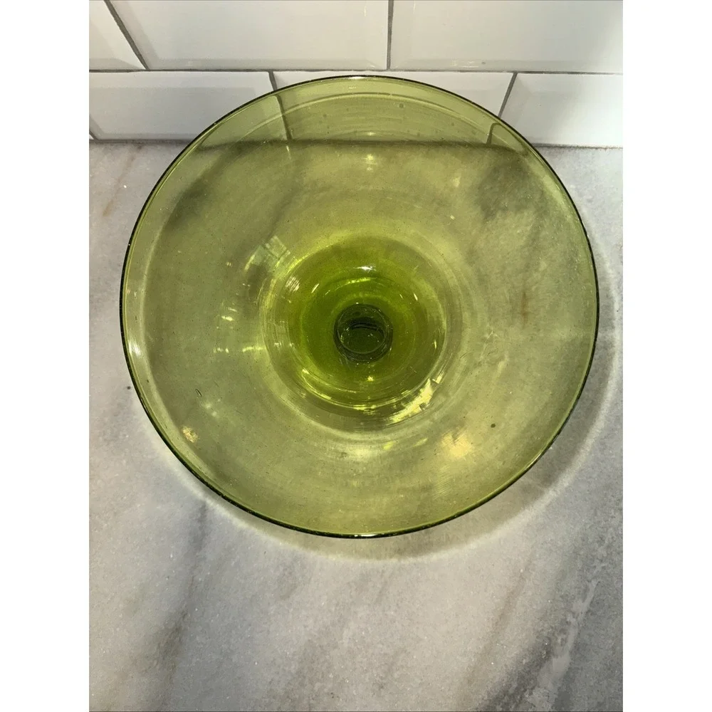 VINTAGE HANDBLOWN Green Glass with clear Footed‎ Base Serving BowlGW993